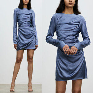 SHONA JOY NWT Ruched Satin Long Sleeve Mini Dress in Blue Smoke Size 4